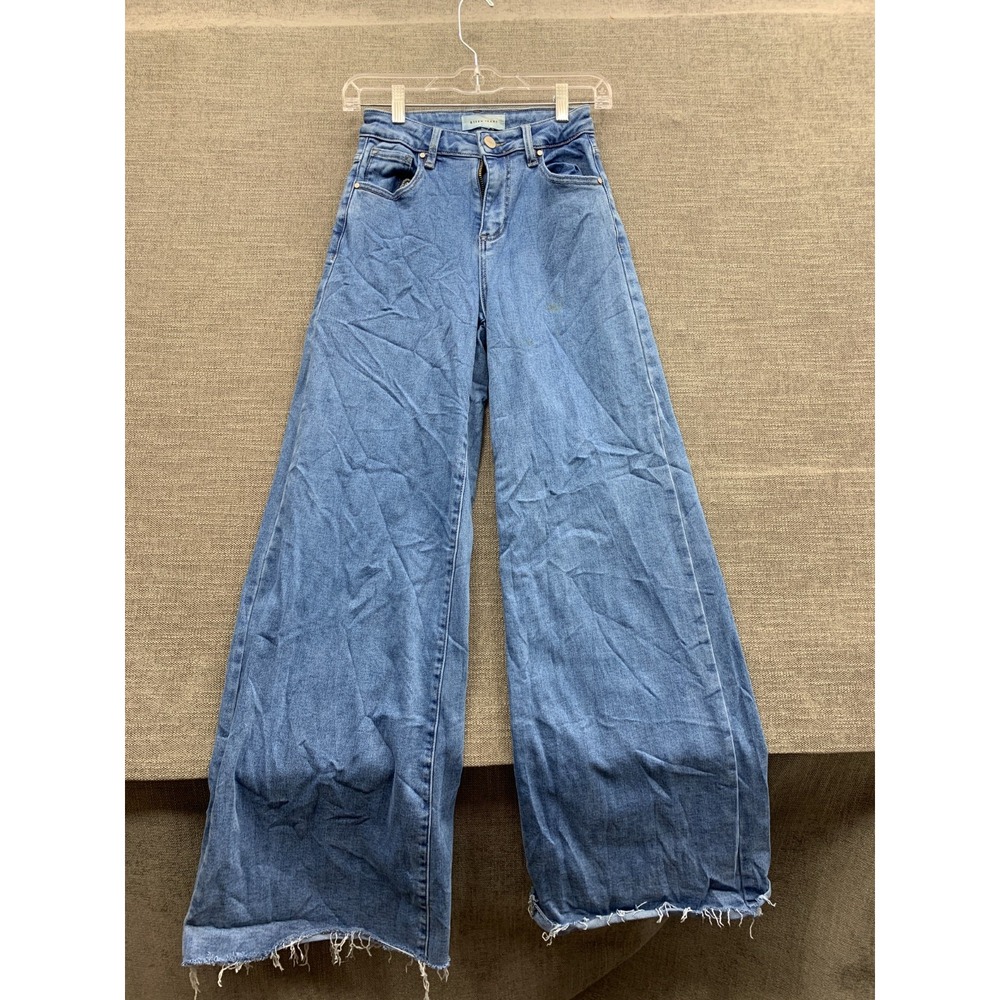 Risen Wide Leg Jeans Womens 0/24 Blue Denim Medium Wash Boho Streetwear Raw Hem